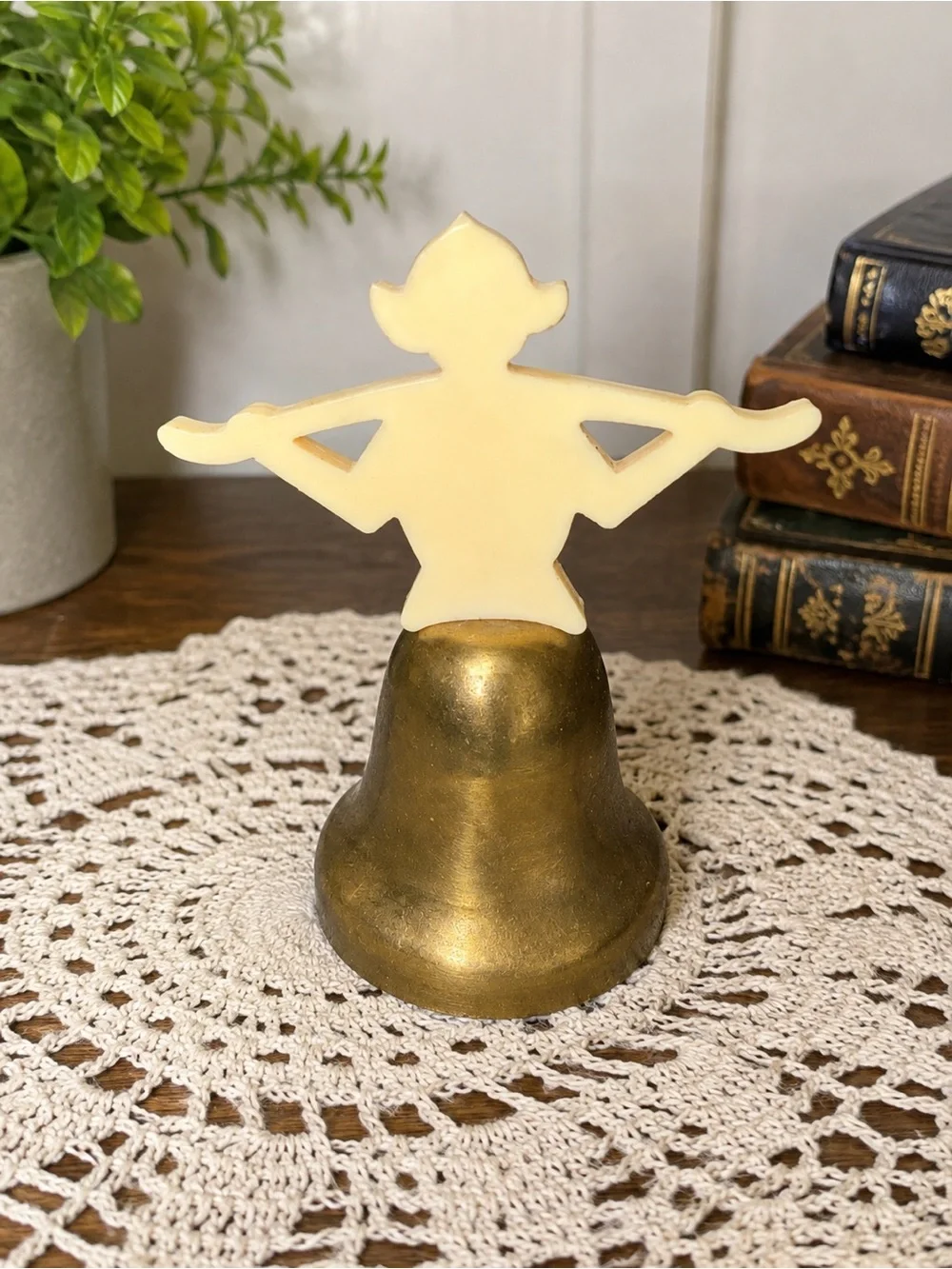 Vintage Brass Bell Cream Lucite Pixie Elf Figure Topper Mid Century Decor